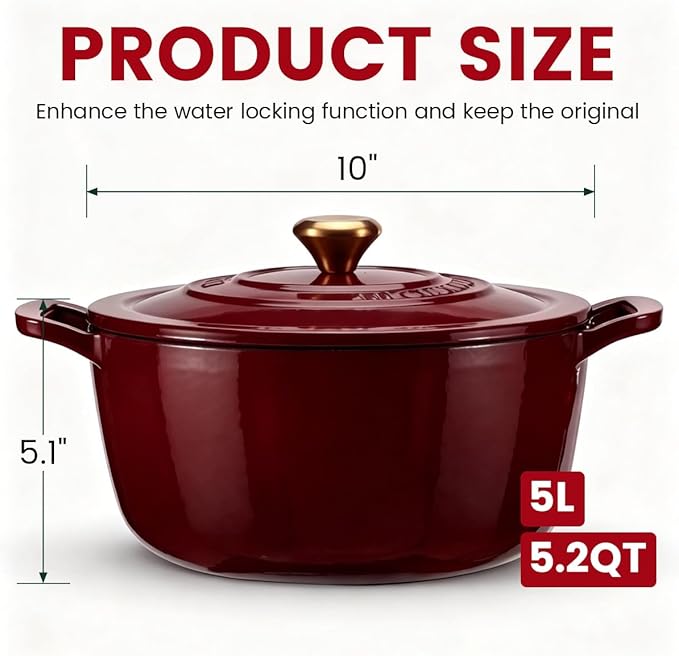 Enameled Cast Iron Dutch Oven - JINCHUFURI 5 Quart Cast Iron Dutch Oven Enameled Oven with Lid for Sourdough Bread Baking, Pre-Seasoned Pot Oven Safe - Image 8