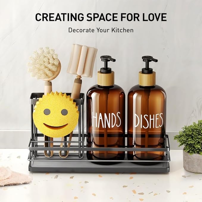 Moforoco Kitchen Dish Soap Dispenser Set, 16OZ Glass Bottle, Hand and Dish Soap Dispenser Set, Instant Dry Tray, Brush Holder with Smiley Face Sponge Holder (Black Tray+Amber Bottle) - Image 7