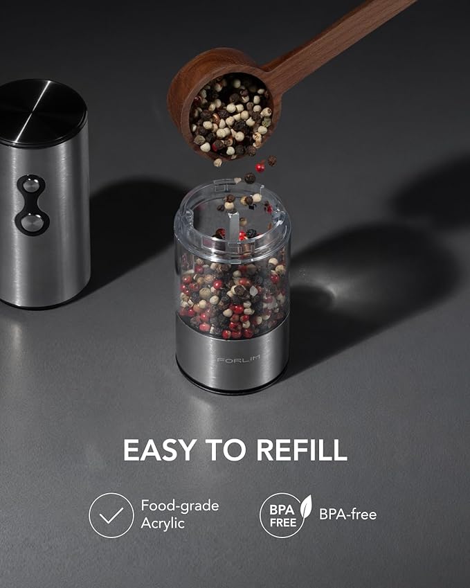 FORLIM Rechargeable Electric Salt and Pepper Grinder Set, Dual-Speed Control, Stainless Steel Automatic Salt & Pepper Mill with Dust Cover, 2 LED Lights, Adjustable Coarseness (2-Pack, Glossy Silver) - Image 7