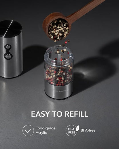 FORLIM Rechargeable Electric Salt and Pepper Grinder Set, Dual-Speed Control, Stainless Steel Automatic Salt & Pepper Mill with Dust Cover, 2 LED Lights, Adjustable Coarseness (2-Pack, Glossy Silver) - Image 7
