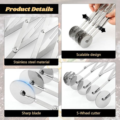 5 Wheel Stainless Steel Pizza Cutter with Double Wheel Dough Divider Expandable Multi Use Pastry Knife Baking Roller for Kitchen - Image 5