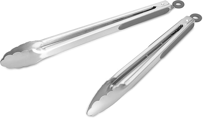 ALLWIN-HOUSEWARE W 304 Stainless Steel Kitchen Cooking Tongs, 12" and 14" Set of 2 Sturdy Grilling Barbeque Brushed Locking Food Tongs with Ergonomic Grip, Grey by ALLWIN-HOUSEWARE