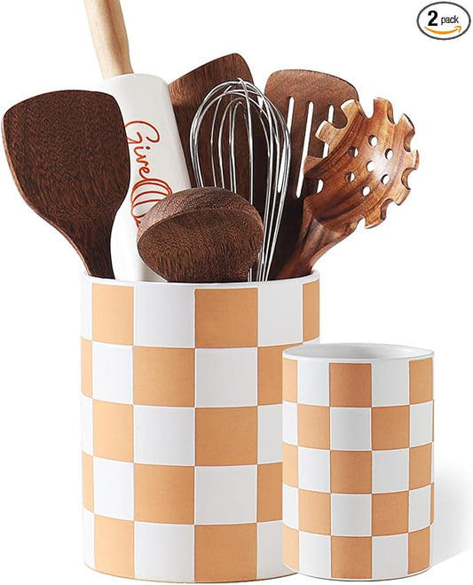 Utensil Holder，7.2 Inch Checkered Utensil Holder, Ceramic Cooking Utensil Spoon/Spatula Holder for Countertop, Kitchen Decor and Accessories, Brown by Swkien