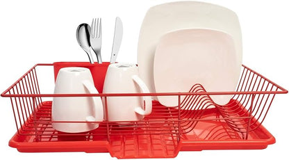 Sweet Home Collection Space-Saving 3-Piece Dish Drainer Rack Set: Efficient Kitchen Organizer for Quick Drying and Storage - Includes Cutlery Holder and Drainboard - Maximize Countertop Space, Red - Image 2
