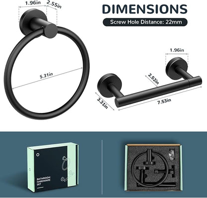 FORIOUS Toilet Paper Holder Wall Mount, SUS304 Stainless Steel Double Post Pivoting Tissue Roll Holder and Hand Towel Ring Set for Bathroom, RV, Bathroom Hardware Accessories Set, Matte Black