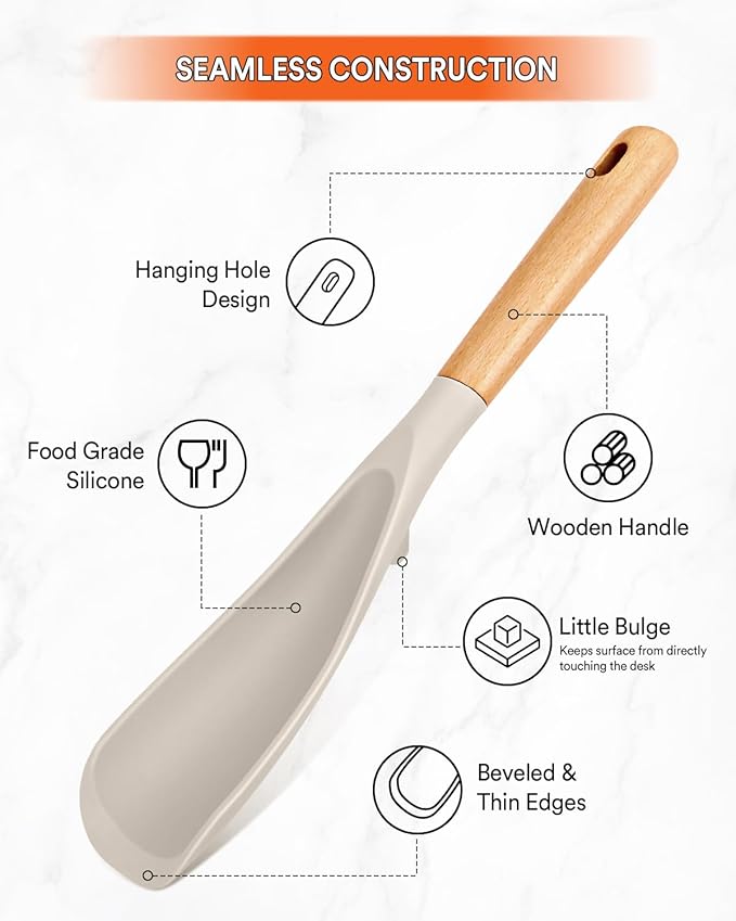 Cooking Spoon for Nonstick Cookwares, Great for Cooking and Serving Sturdy BPA-Free Matte Silicone, Wood Handle Spoon for Mixing, Scoop, and Scrape (2 Pack of Khaki, 11.4 inch) - Image 4