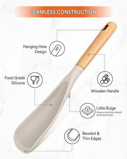 Cooking Spoon for Nonstick Cookwares, Great for Cooking and Serving Sturdy BPA-Free Matte Silicone, Wood Handle Spoon for Mixing, Scoop, and Scrape (2 Pack of Khaki, 11.4 inch) - Image 4