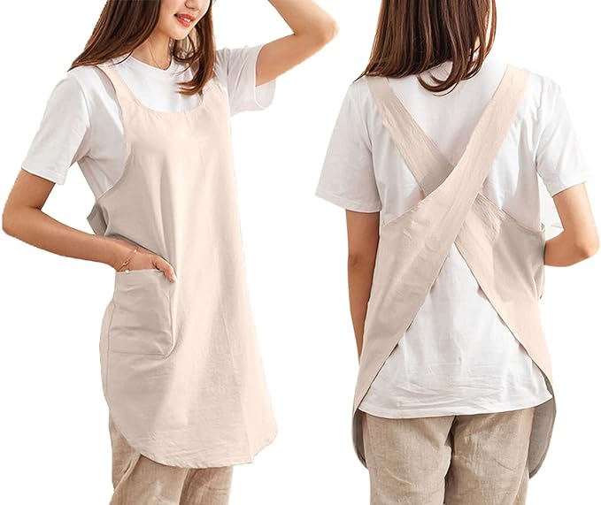 Cotton Cross Back Aprons Solid Color Cooking Kitchen Garden Smock for Women Girls with Pockets