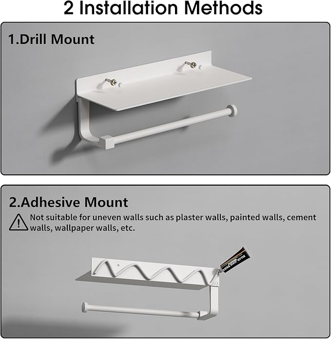 Danpoo White Paper Towel Holder with Shelf Wall Mount, Adhesive Hand Towel Holder for Bathroom, Kitchen Towel Holder - Image 8