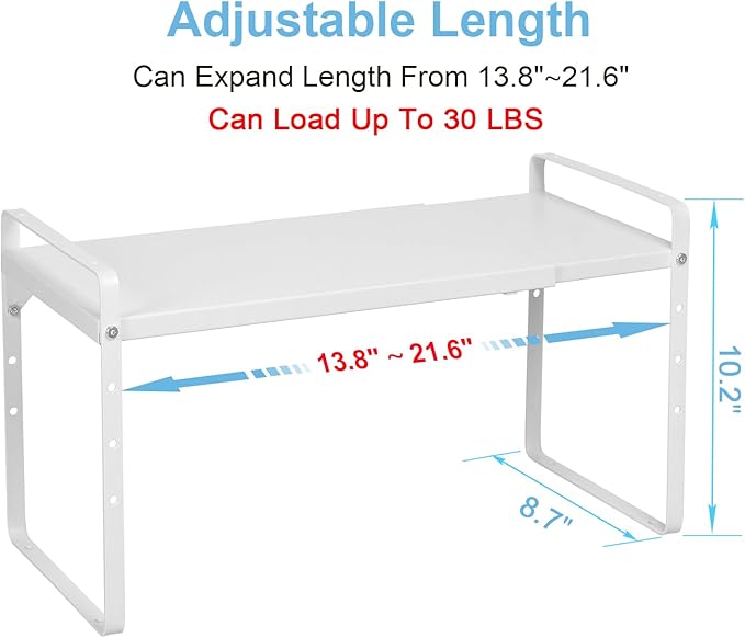 Set of 2 Expandable Cabinet Shelf Organizer, Stackable Kitchen Countertop Shelves Spice Racks, Small Storage Shelf For Cupboard Counter Tabletop, 30 LBS Heavy Duty, Adjustable, 13.8" to 21.6" Long - Image 2