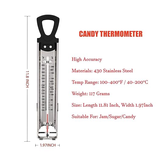 Stainless Steel Candy & Deep Fry Thermometer with Pot Clip & Handle - Analog Sugar Thermometer for Candy Making, Jam, Syrup, Oil, Chocolate, Brewing - Kitchen Cooking Food Thermometer