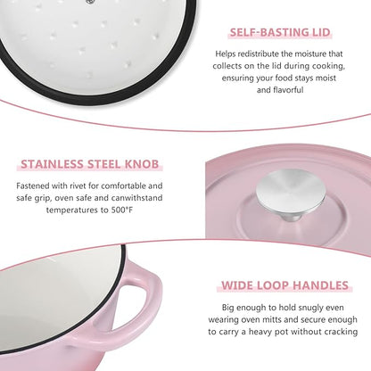 E-far 3 Qt Enameled Cast Iron Dutch Oven with Lid, Small Round Nonstick Dutch Oven Pot for Bread Baking Braising Stews Roasting Cooking, Heavy Duty, Induction & Oven Safe - Pink