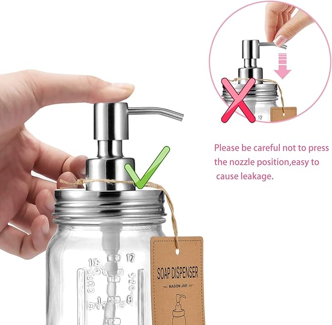 Amolliar Mason Jar Liquid Soap Dispenser, Stainless Steel Mason Jar Lid & Pump, Refillable Hand Soap Dispenser, Lotions, Dish Soap Bottle for Kitchen Bathroom, Bathroom Decor, Brushed Nickel 2 Pack - Image 6