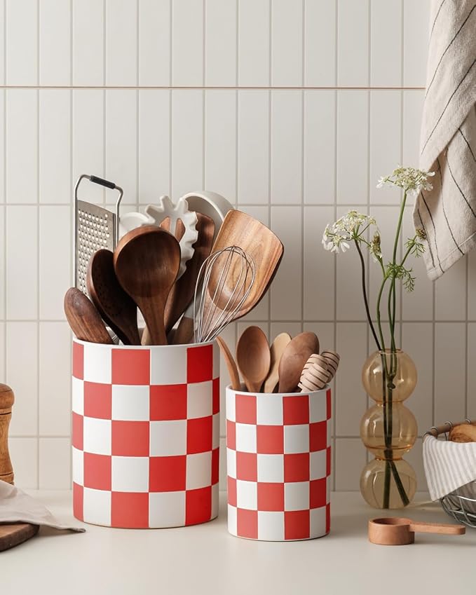 Utensil Holder，7.1"+5.8" Ceramic Kitchen Utensil for Counter top, Checkered Cooking Utensil Holder for Spatula & Spoon, Kitchen Decor, Set of 2 (Red Checkered) - Image 5