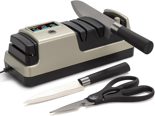 Light Blonde 5 in 1 Electric Knife Sharpener with LCD Screen for Kitchen Knives, 3 Rotational Speed Electric kitchen Knife Sharpener for Straight,Serrated, Ceramic Knives,Scissors & Axes by Ceelpeopar