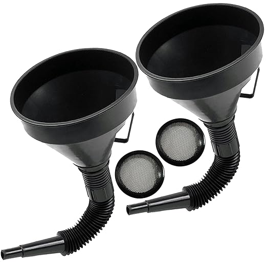 Flex Funnel - Wide Mouth Flexible Funnel with Handle, Multi-Functional Large Plastic Automotive Funnels for Cars and Motorcycles, Engine Oil, Liquid, Diesel, Kerosene,Gasoline (2pcs x 5.2" Black)