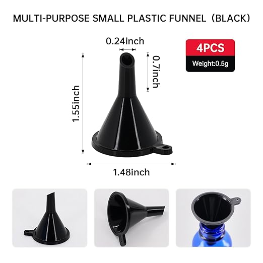 Mini Funnel 4-Pack for Lab Bottles, Sand Art, Perfume, Spice, Powder, Essential Oil, Recreational, Kitchen Food Grade Small Plastic (Black)