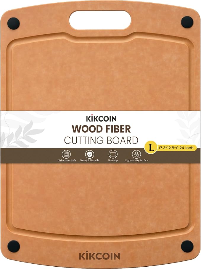 Kikcoin Wood Cutting Board, Cutting Boards for Kitchen Dishwasher Safe Non-slip Chopping Board with Juice Groove, Wood Fiber Composite Cutting Board with Handle, 17.3"*12.8" by Kikcoin