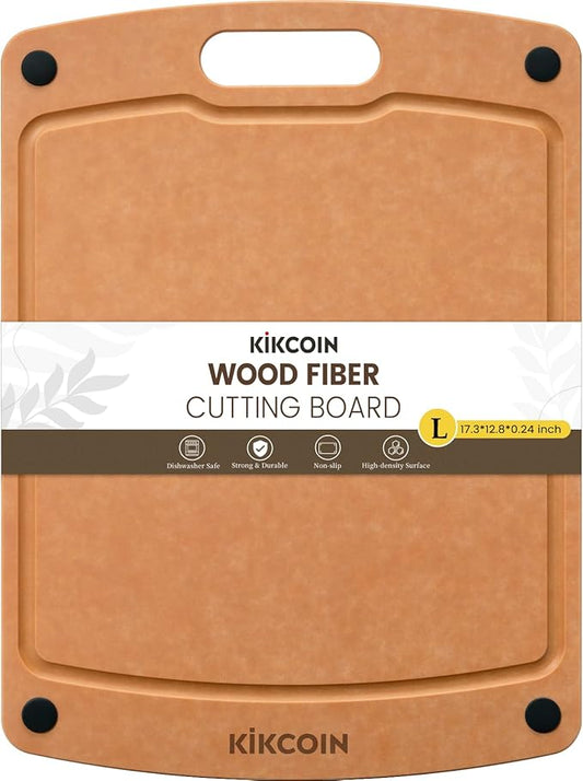 Kikcoin Wood Cutting Board, Cutting Boards for Kitchen Dishwasher Safe Non-slip Chopping Board with Juice Groove, Wood Fiber Composite Cutting Board with Handle, 17.3"*12.8" by Kikcoin