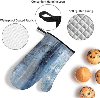 LOKMU Oven Mitts and Pot Holders Set of 3, Blue and Grey White Abstract Art Heat Resistant Kitchen Gloves Hot Pads for Cooking Baking BBQ, Kitchen Decor Gifts for Cooking Lover Cooks