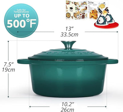 Overmont Enameled Cast Iron Dutch Oven - 5.5QT Pot with Lid Cookbook & Cotton Potholders - Heavy-Duty Cookware for Braising, Stews, Roasting, Sourdough Baking bottle green - Image 5