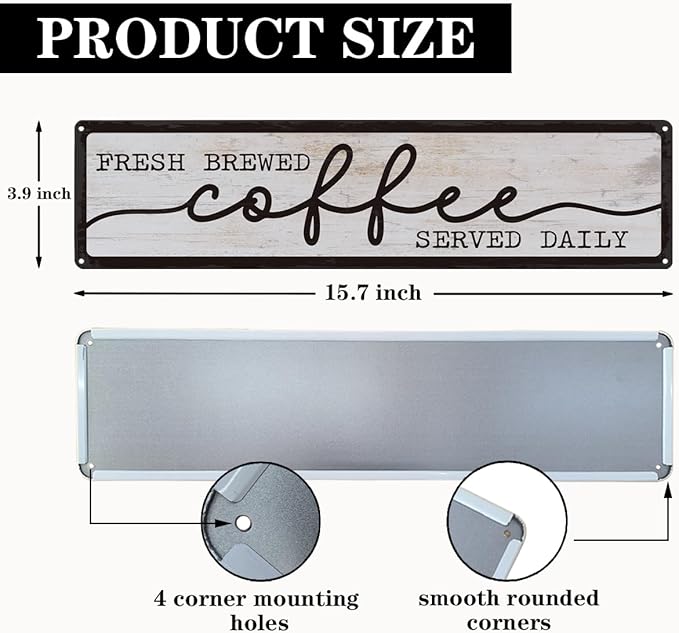 Coffee Metal Tin Signs, Fresh Brewed Coffee Served Daily Sign, Coffees Decoration for Cafe Bar Coffees Station, Kitchen, Restaurant, Hotel, Decorative Metal Wall Signs 15.8x4 Inches - Image 2