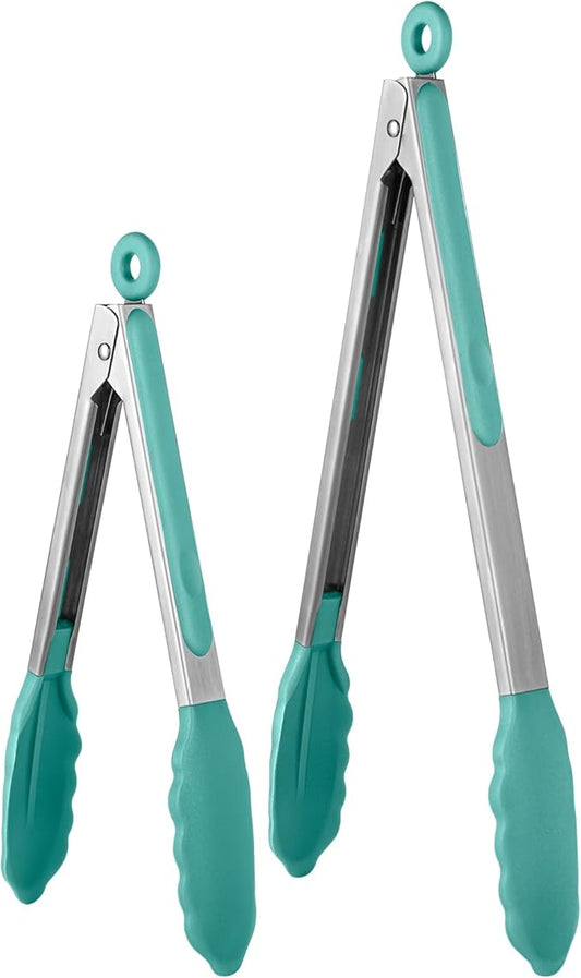 600ºF Heat Resistant Kitchen Tongs: U-Taste 9+12 inch Silicone Cooking Tong Set with Firm Sealed Non Stick Rubber Tips and Silicon Coated 18/8 Stainless Steel Handle for Serving Grilling (Aqua Sky) by U-Taste