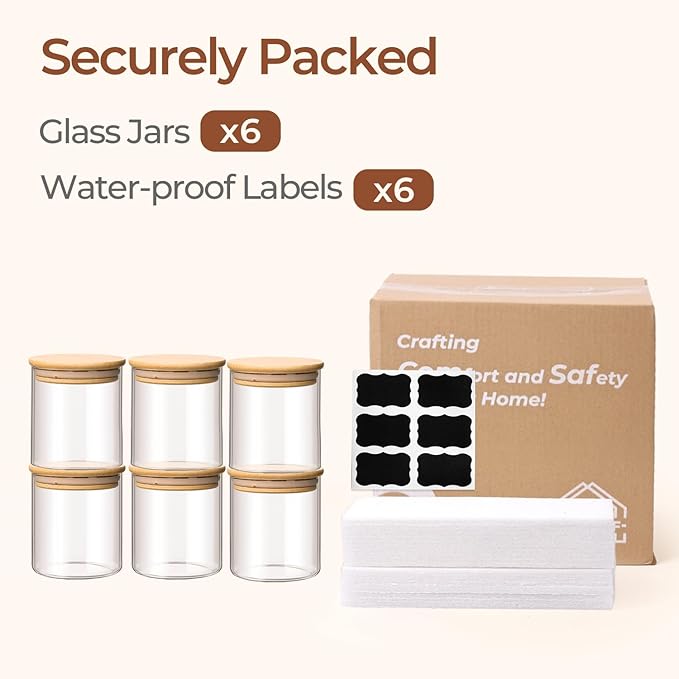 ComSaf Airtight Glass Food Storage Jars Set of 6, 0.6 Qt Clear Glass Food Storage Container with Sealing Wooden Lid, Stackable Spice Jar, Round Kitchen Canister for Sugar, Tea, Coffee bean, Pasta, Oat - Image 8