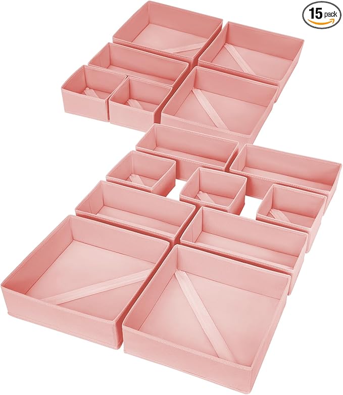 DIMJ Drawer Organizer for Clothing, 15 Pack Fabric Drawer Organizer Bins, Foldable Sock Organizer for Drawer, Dresser Organizer for Clothes, Socks, Bra, Tie (Pink) by DiMJ