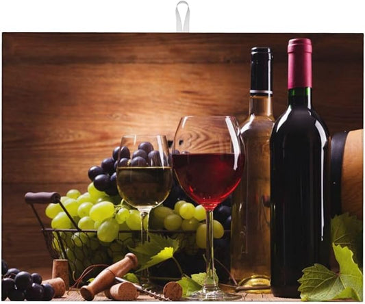 Red White Wine Dish Drying Mat Retro Fruit Grapes Wooden Board Drying Rack Pad Countertop Dishes Ultra Absorbent Microfiber Kitchen Counter Mat 18x24 Inch