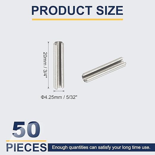 PATIKIL Slotted Spring Pin, 50 Pcs 5/32" x 3/4" (4.25mm x 20mm) 304 Stainless Steel Split Roll Pins Spring Dowel for Home Improvement Automotive Machine Repair, Silver