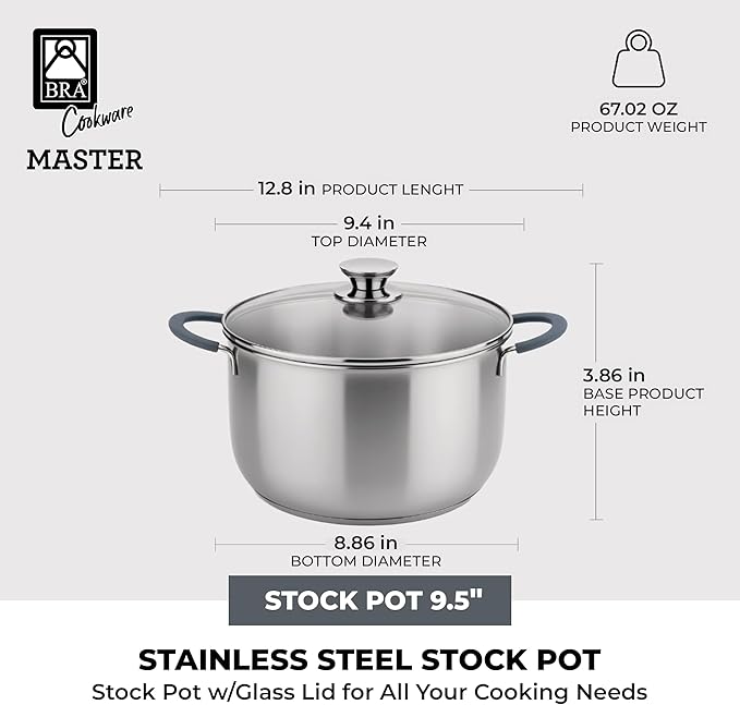 BRA COOKWARE Master Stainless Steel Stock Pot w/Glass Lid | 9.5 Inch 4 Quart Premium 18/10 Cooking Pot | PFAS Free Deep Pot | Silicone Coated Handles | All Cooktops (incl. Induction) | Shiny Finish
