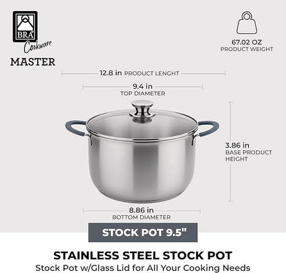 BRA COOKWARE Master Stainless Steel Stock Pot w/Glass Lid | 9.5 Inch 4 Quart Premium 18/10 Cooking Pot | PFAS Free Deep Pot | Silicone Coated Handles | All Cooktops (incl. Induction) | Shiny Finish