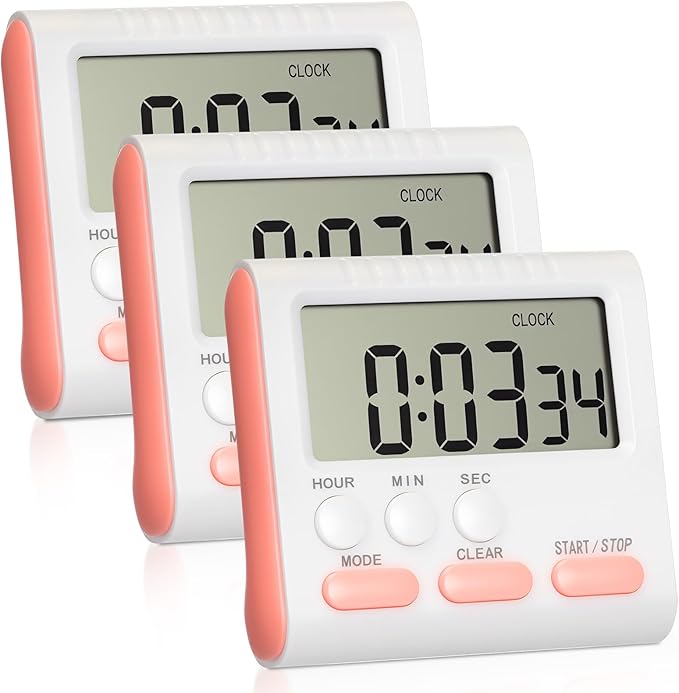 Mudder 3 Pack Digital Kitchen Timer for Cooking, Large Digits, 24 Hour Magnetic Backing Stand Kitchen Timers Clock for Classroom Kids Teachers, Loud Alarm and Large Screen (Pink) by Mudder