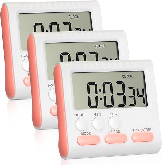 Mudder 3 Pack Digital Kitchen Timer for Cooking, Large Digits, 24 Hour Magnetic Backing Stand Kitchen Timers Clock for Classroom Kids Teachers, Loud Alarm and Large Screen (Pink) by Mudder