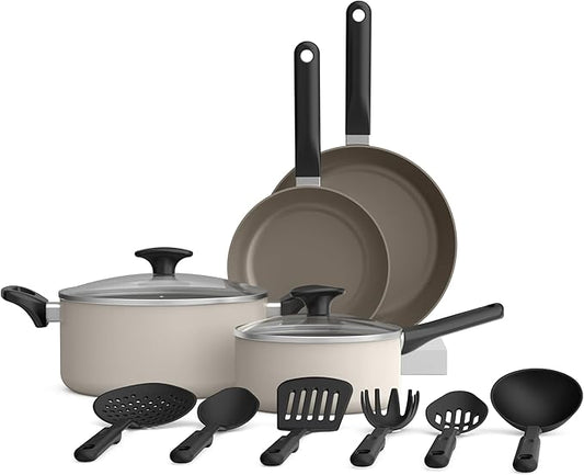 bella 12 Piece Cookware Set with EverGood™ Ceramic Nonstick Coating​, Dishwasher & Oven Safe, All Stovetops Compatible, Tempered Glass Lids and Cool Touch Handles, Oatmilk by bella
