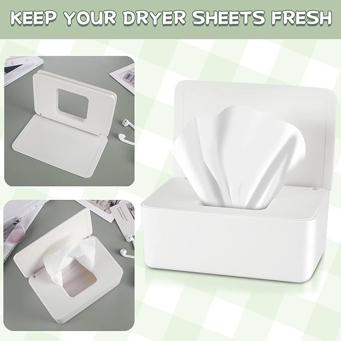Newtay Dryer Sheet Holder with Hinged Lid,Plastic Dryer Sheet Dispenser Container Storage Box Fabric Softener Sheets Holder for Laundry Room Decor(White)