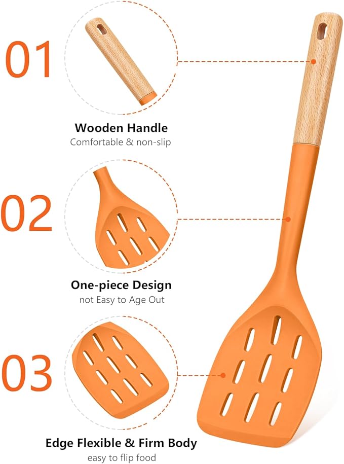 Pack of 2 Silicone Spatula, Non Stick Cooking Utensil Set, Wooden Handle Kitchen Turner for Baking Mixing Grilling Serving Food Heat Resistant (ORANGE) - Image 3