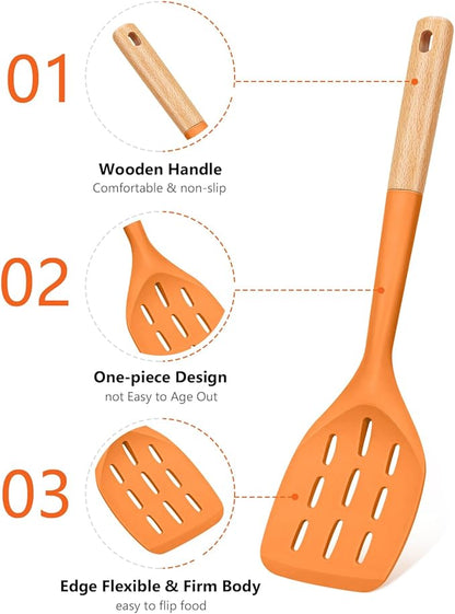 Pack of 2 Silicone Spatula, Non Stick Cooking Utensil Set, Wooden Handle Kitchen Turner for Baking Mixing Grilling Serving Food Heat Resistant (ORANGE) - Image 3