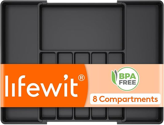 Lifewit Silverware Drawer Organizer, Expandable Utensil Tray for Kitchen, BPA Free Flatware and Cutlery Holder, Adjustable Plastic Storage for Spoons Forks Knives, 15- 27 x 18.5", Black by Lifewit