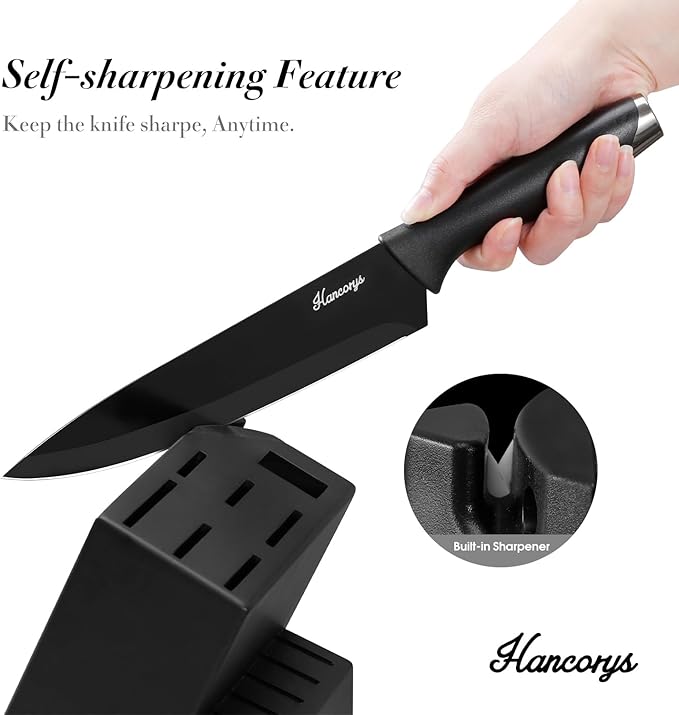 Knife Sets for Kitchen with Block, 15 Pieces Chef Knife Set with Self Sharpening, Stainless Steel Nonstick Ceramic Anti-Rust Coating Blades, Ergonomic Handle, Black Grey