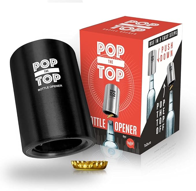 Pop-the-Top Beer Bottle Opener (Black): Automatic Bottle Cap Opener, Push Down Pop Off Bar Tool, Soda and Beer Cap Remover, Cool & Fun Gadget by Unknown