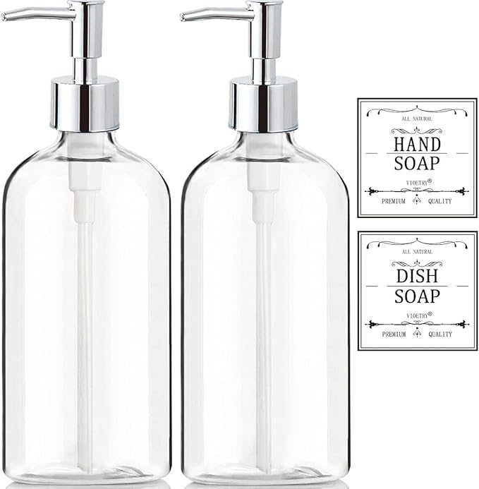 Clear Soap Dispenser with Rust Proof Pump, Waterproof Labels (2 Pack,16 Oz), Plastic Hand Soap Dish Soap Dispenser for Kitchen Bathroom by XLENT