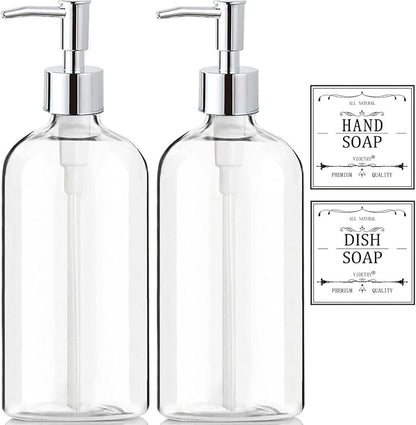 Clear Soap Dispenser with Rust Proof Pump, Waterproof Labels (2 Pack,16 Oz), Plastic Hand Soap Dish Soap Dispenser for Kitchen Bathroom by XLENT