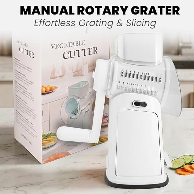 Rotary Cheese Grater Hand Crank, 10-Blade Shredder with Handle, Vegetable Slicer Mandoline Food Chopper, Strong Suction Base Kitchen Gadget for Cheese Vegetables Nuts – White
