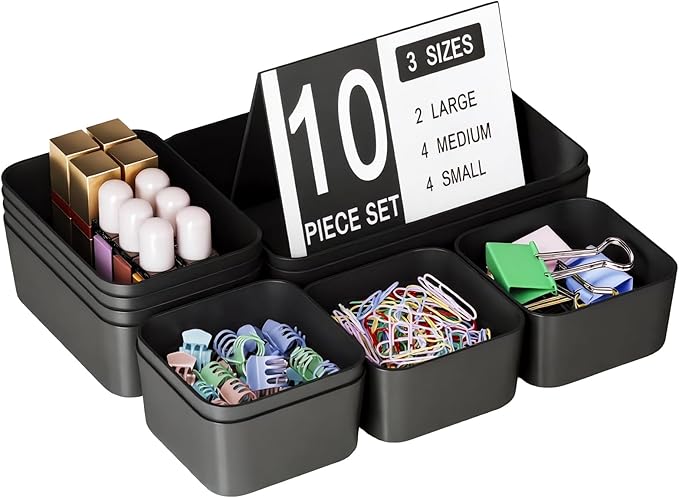Plastic Drawer Organizers, 10 PCS Drawer Organizer Bins, Bathroom and Vanity Organizer Plastic Tray, Makeup Organizer and Storage for Makeup, Bedroom, Kitchen Gadgets Utensils and Office (Black) by Homhut