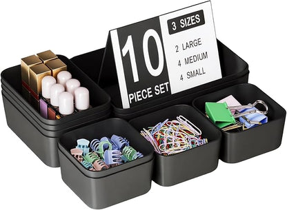 Plastic Drawer Organizers, 10 PCS Drawer Organizer Bins, Bathroom and Vanity Organizer Plastic Tray, Makeup Organizer and Storage for Makeup, Bedroom, Kitchen Gadgets Utensils and Office (Black) by Homhut