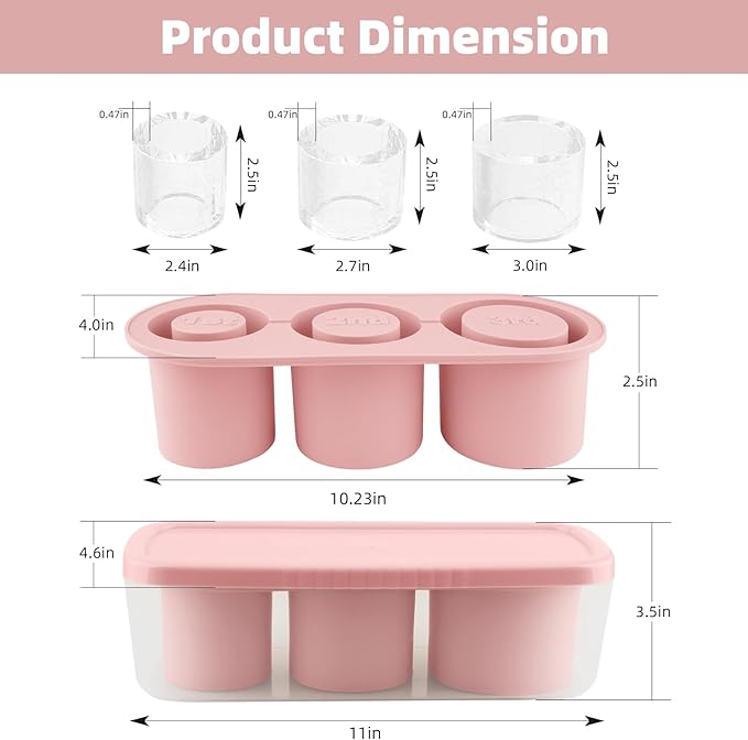 Tcamp Ice Cube Tray for 30 oz Tumbler Cup Ice Mold, 3 Pcs Silicone Hollow Cylinder Ice Tray with Lid and Bin for Freezer, Ice Drink, Juice, Whiskey, Cocktail (Pink)