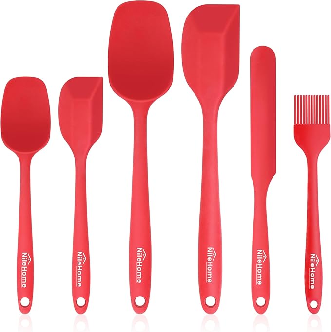 NileHome Silicone Spatula Set 6 Packs Food Grade Kitchen Utensils with Silicone Brush Heat Resistant BPA-free Rubber Spatula for Scraping, Baking, Cooking, Mixing, Red by NileHome