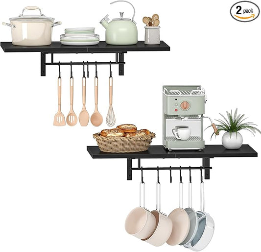 CHOEZON Wall-Mounted Pot Racks, Set of 2 Hanging Pot Rack, Floating Shelves, Wall Shelves, Vintage Pot Hangers for Kitchen, Wall Rack for Kitchen Storage, Black TPR27P2BB